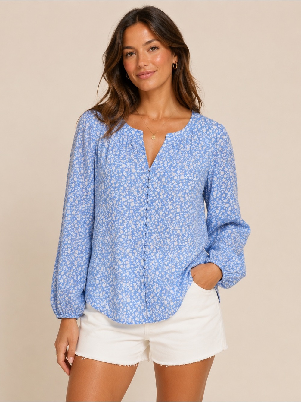 Light Blue Floral Button-Down Top